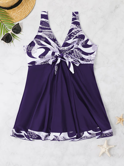 Plus Size Womens Vibrant Floral Print Tie Front V Neck One Piece Swimsuit - High Stretch, Comfortable, Vacation Essential - Polyester Knit Fabric, Random Printing, No Sheer