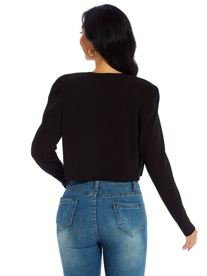 Long Sleeve Leg of Mutton Crop Jacket - Soft Medium Stretch Polyester Fabric, Crew Neck, Placket Front, Machine Washable, All-Season Casual Wear - Solid Color, Short Length, Easy Care