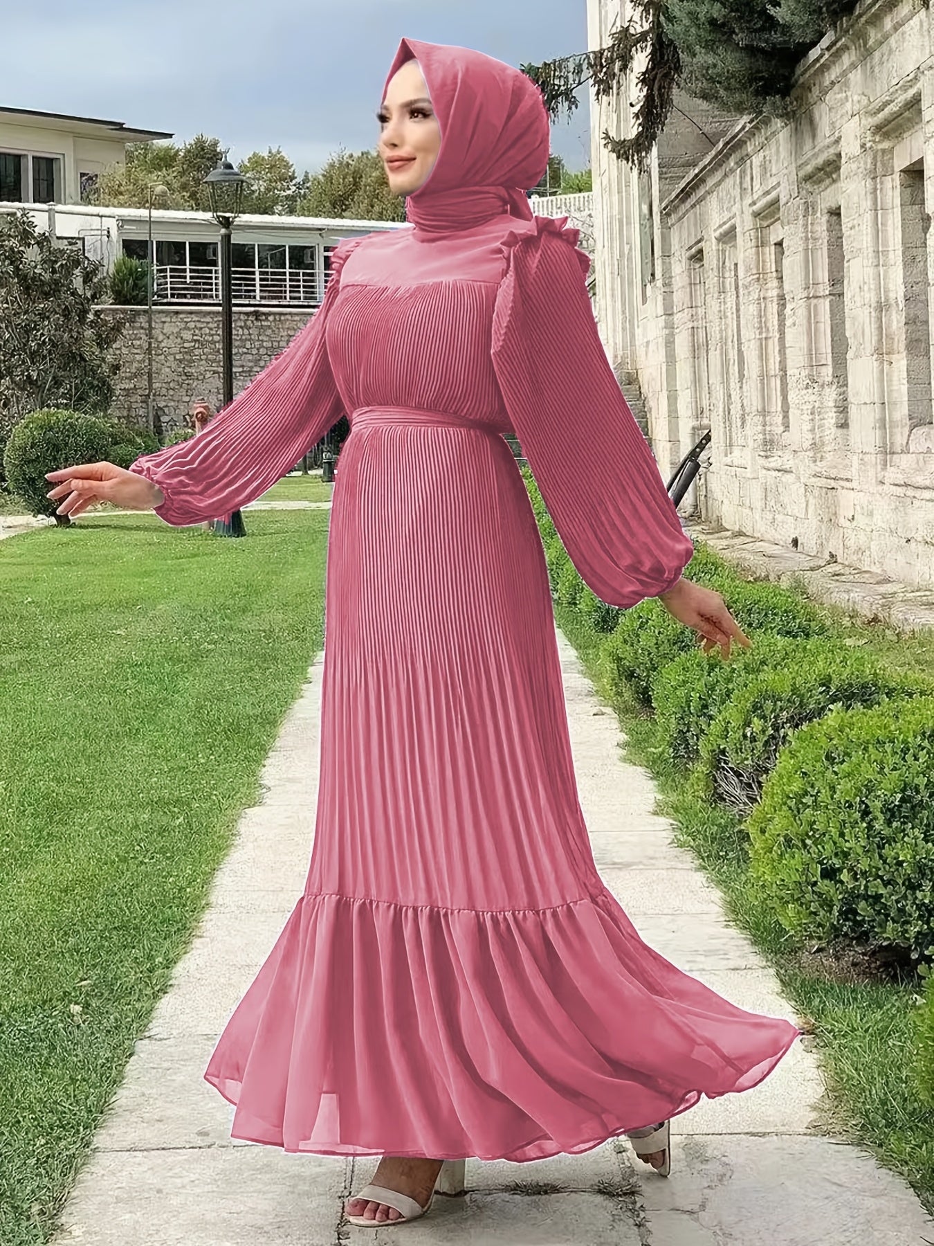 Ramadan Elegant Long Length Kaftan Dress - Polyester Solid Color Belted Maxi Dress with Ruffle Trim, Machine Washable, Casual Wear for All Seasons