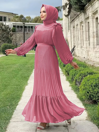 Ramadan Elegant Long Length Kaftan Dress - Polyester Solid Color Belted Maxi Dress with Ruffle Trim, Machine Washable, Casual Wear for All Seasons