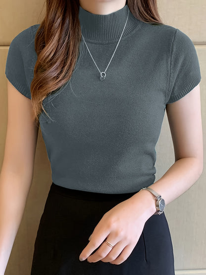 Womens Chic Solid Mock Neck Short Sleeve Knit Sweater - Soft & Breathable - Casual Everyday Style