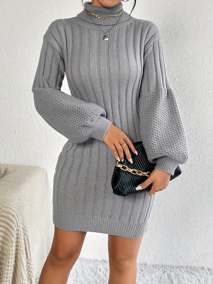 Solid Lantern Sleeve Sweater Dress, Elegant Slim Bodycon Turtleneck Knitted Dress, Women's Clothing