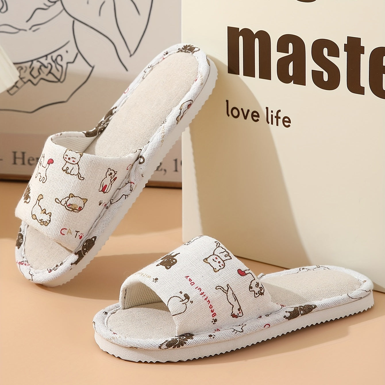 Adorable Cartoon Cat Print Flat Slippers - Slip-On Open-Toe Non-Slip Lightweight Casual Slides Shoes for Home Comfort - Comfy, Breathable, and Soft Cartoon Character Design