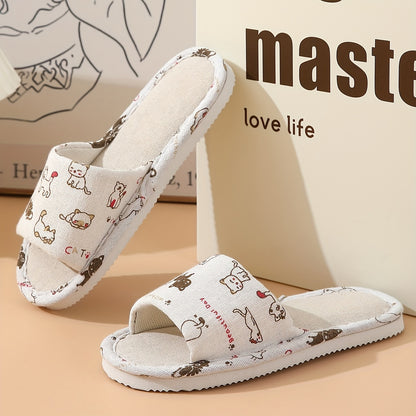 Adorable Cartoon Cat Print Flat Slippers - Slip-On Open-Toe Non-Slip Lightweight Casual Slides Shoes for Home Comfort - Comfy, Breathable, and Soft Cartoon Character Design