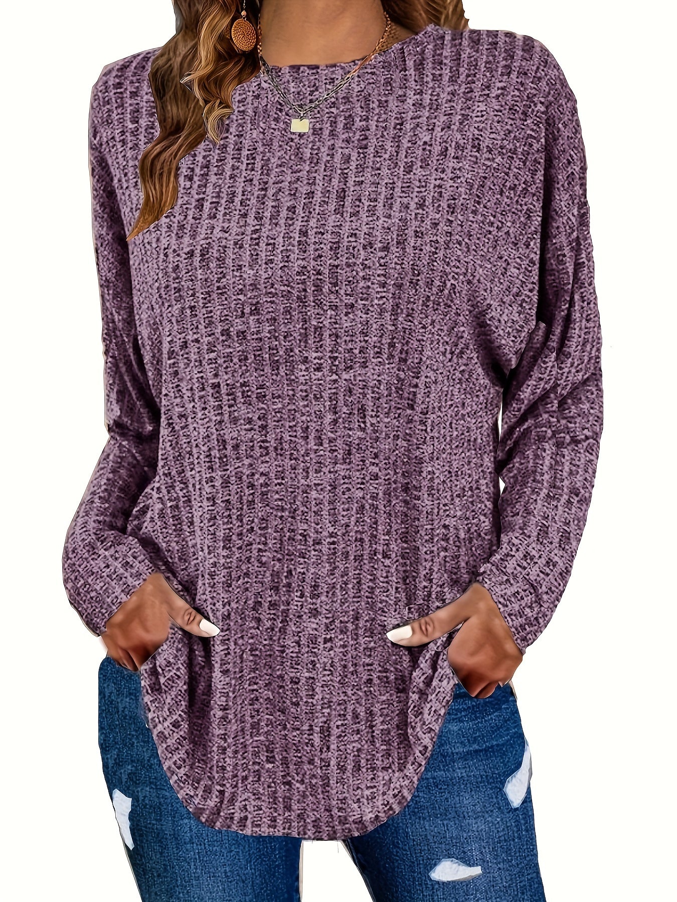 Plus Size Casual Sweater, Women's Plus Solid Ribbed Long Sleeve Round Neck Knit Top