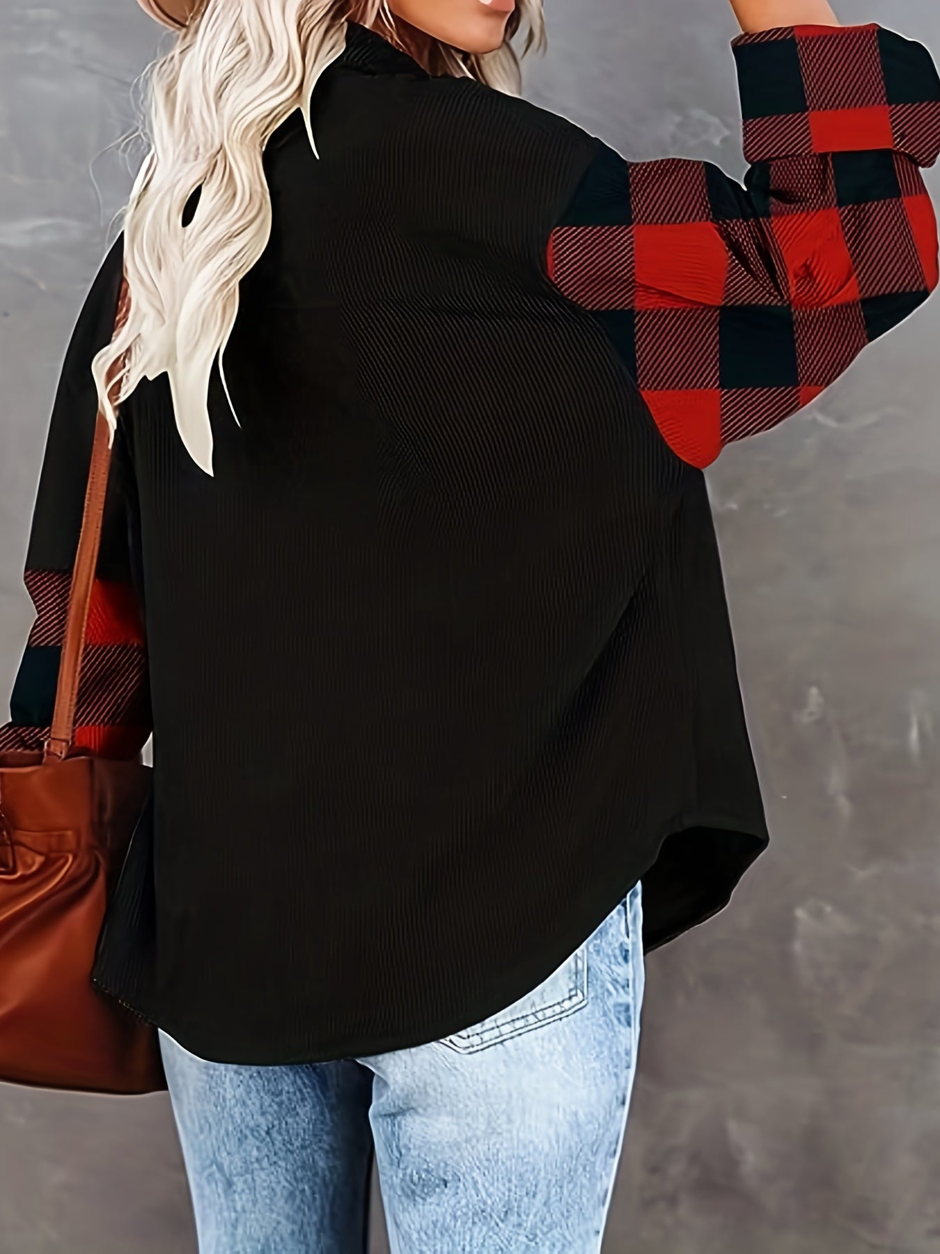 Plaid Print Splicing Shirt, Casual Button Front Long Sleeve Shirt, Women's Clothing