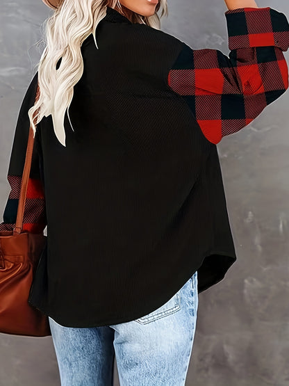 Plaid Print Splicing Shirt, Casual Button Front Long Sleeve Shirt, Women's Clothing