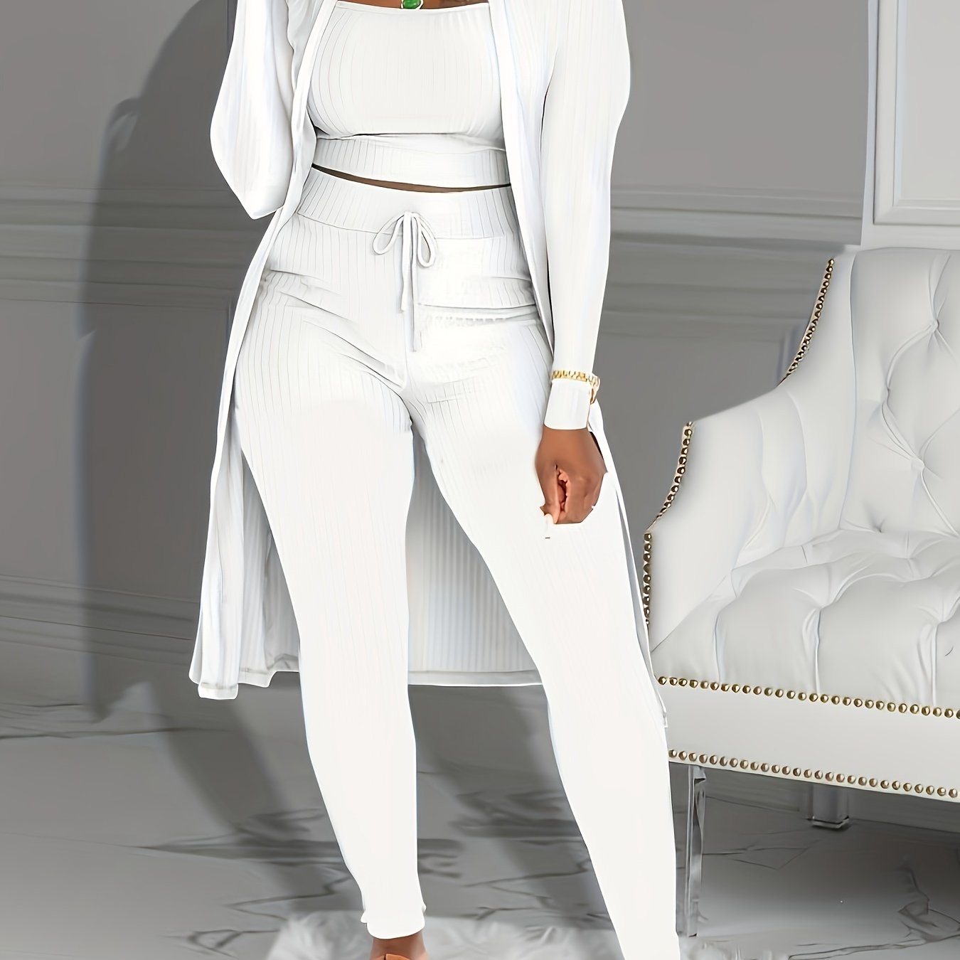 Casual Ribbed 3pcs Set, Crop Tank Top + High Waist Drawstring Pants + Longline Cardigan Outfits, Women's Clothing