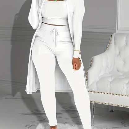 Casual Ribbed 3pcs Set, Crop Tank Top + High Waist Drawstring Pants + Longline Cardigan Outfits, Women's Clothing