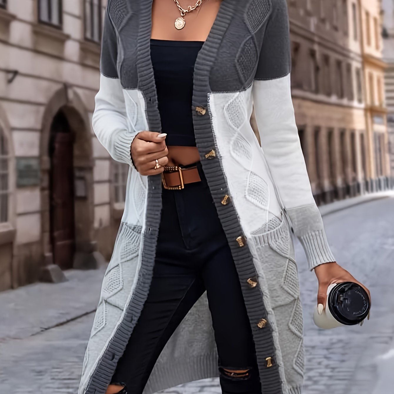 Womens Color Block Cardigan Sweater - Soft Knit, Button Up, Long Sleeve with Pockets - Stylish Casual Wear for Everyday