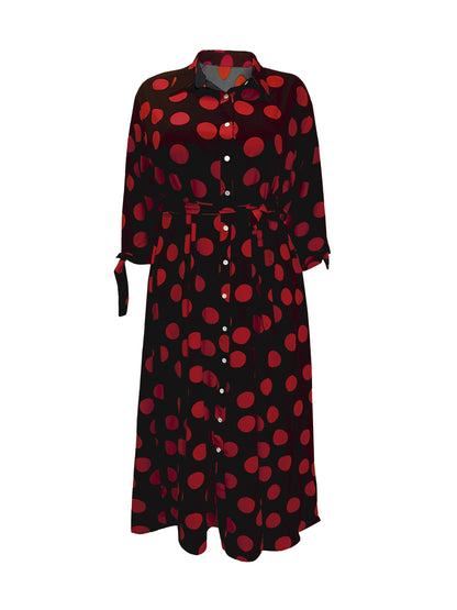 Elegant Plus Size Polka Dots Print Maxi Dress - Women's Button Up Collared Belted