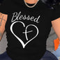 Women's Blessed Heart & Cross Print T-Shirt for Valentine's Day - Comfortable Crew Neck Short Sleeve Tee with Unique Design