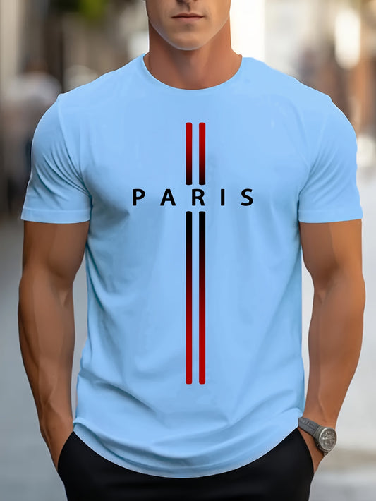 Paris Print, Men's Graphic Design Crew Neck T-shirt, Casual Comfy Tees Tshirts For Summer, Men's Clothing Tops For Daily Vacation Resorts