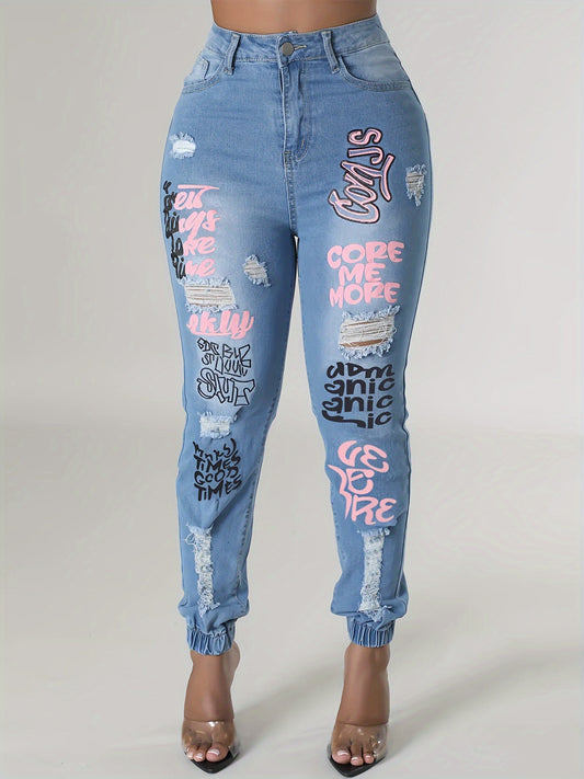 Plus Size Womens High Rise Slight Stretch Graffiti Print Ripped Button Fly Jogger Jeans - Comfortable Casual Wear for All Seasons - Cotton Blend Fabric, Positioning Printing, Woven Construction