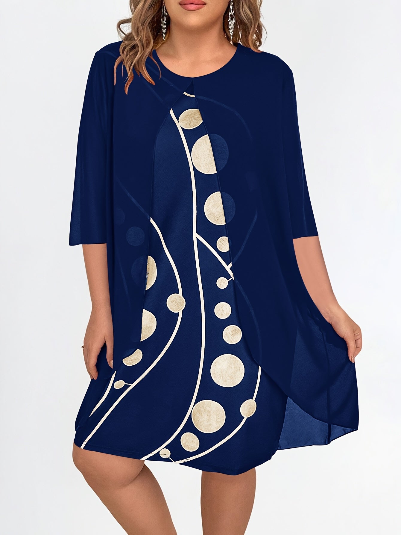 [Elegant Abstract Print Dress] Elegant 3/4 Sleeve Abstract Print Layered Dress - Women's Clothing, Crew Neck