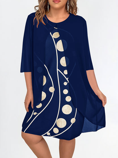 [Elegant Abstract Print Dress] Elegant 3/4 Sleeve Abstract Print Layered Dress - Women's Clothing, Crew Neck