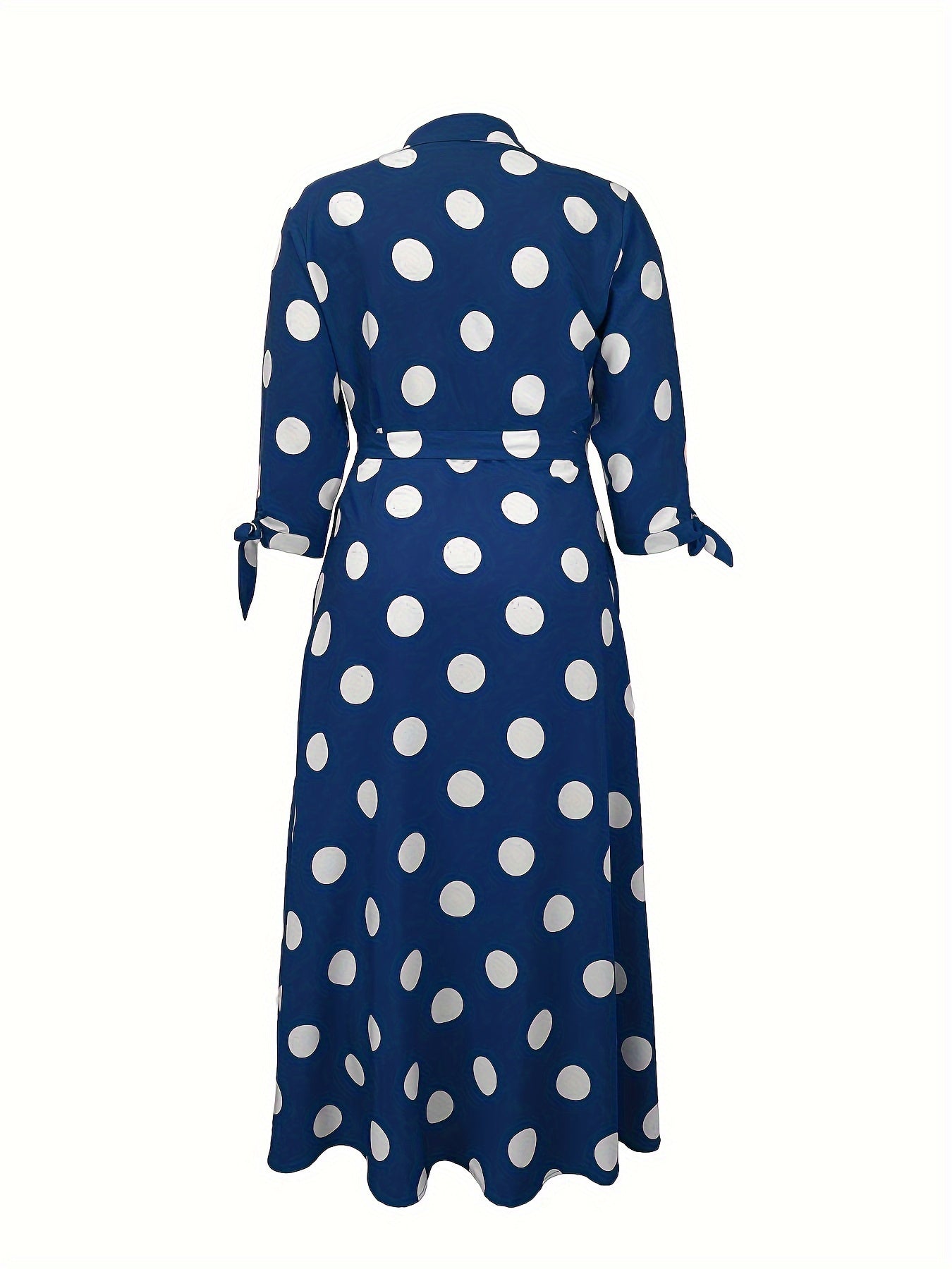 Elegant Plus Size Polka Dots Print Maxi Dress - Women's Button Up Collared Belted