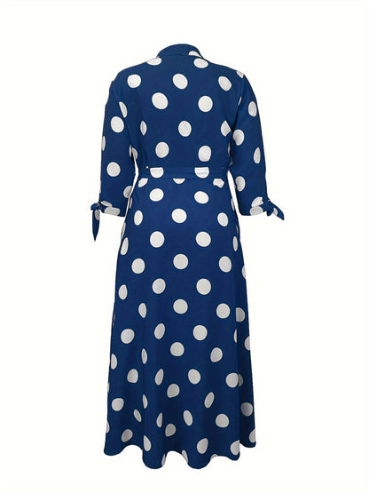 Elegant Plus Size Polka Dots Print Maxi Dress - Women's Button Up Collared Belted