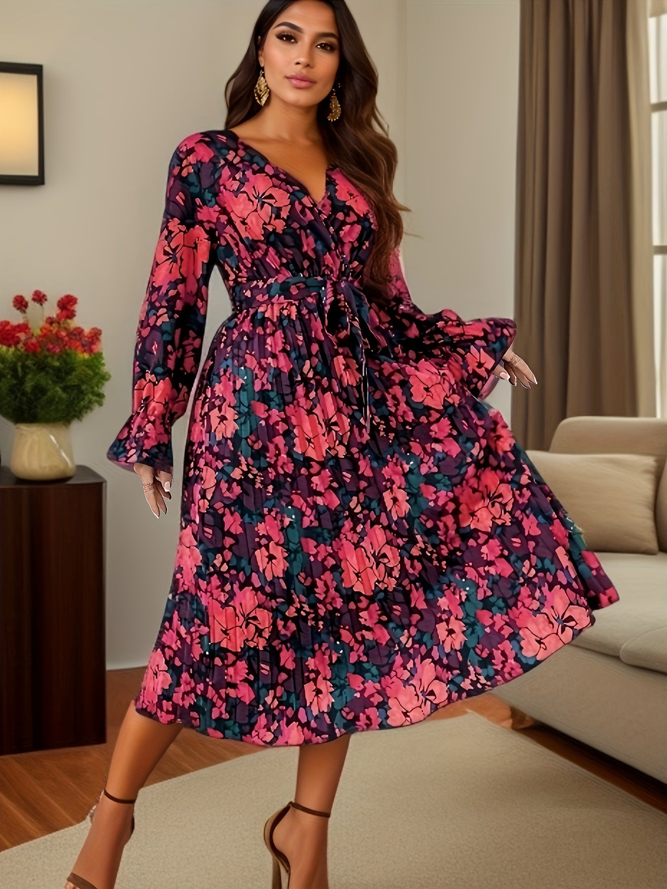 Plus Size Casual Dress, Women's Plus Floral Print Lantern Sleeve Surplice Neck Slight Stretch Midi Dress With Belt
