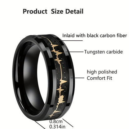 New Tungsten Steel Ring, Black Ring With Pattern Of Golden ECG, Couple Ring, High-Quality Black Tungsten Ring For Men, Fashion Engagement Wedding Band