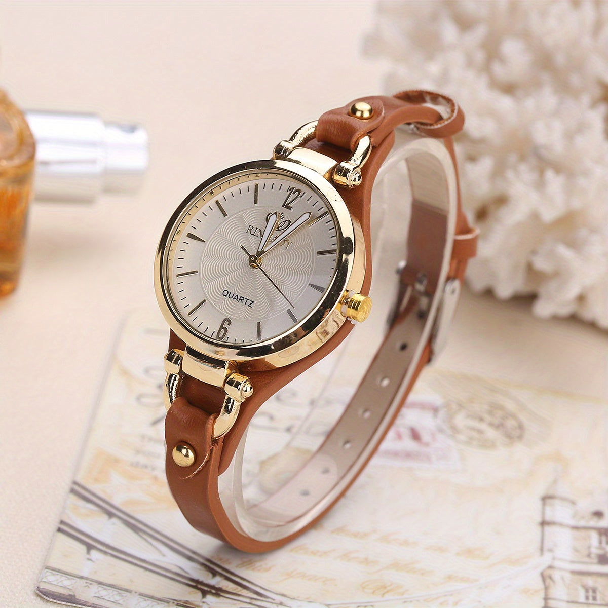 Elegant Quartz Ladies Watch - Boho Chic Leather Strap, Japanese Movement, Shock-Resistant with Stud Embellishments