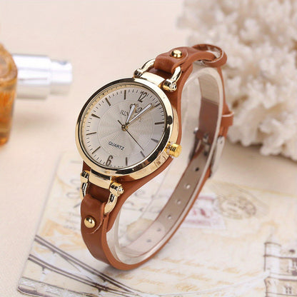 Elegant Quartz Ladies Watch - Boho Chic Leather Strap, Japanese Movement, Shock-Resistant with Stud Embellishments