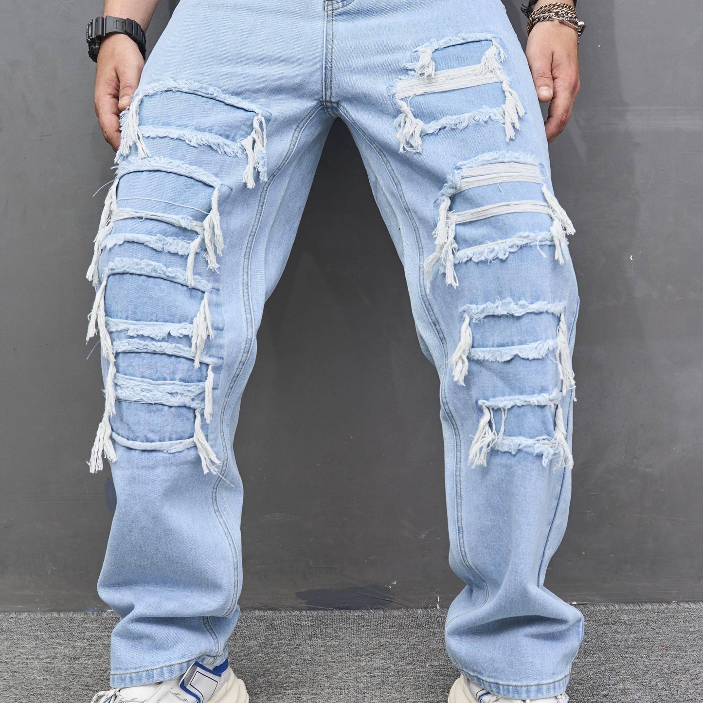 Men's Straight Leg Jeans, Casual Street Style Raw Trim Denim Pants With Pockets