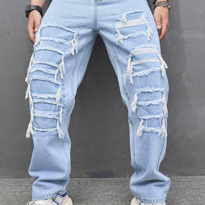 Men's Straight Leg Jeans, Casual Street Style Raw Trim Denim Pants With Pockets