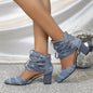 Women's Solid Color Denim Shoes, Point Toe Back Zipper Chunky Heel Casual Shoes, Trendy Daily Comfy Shoes