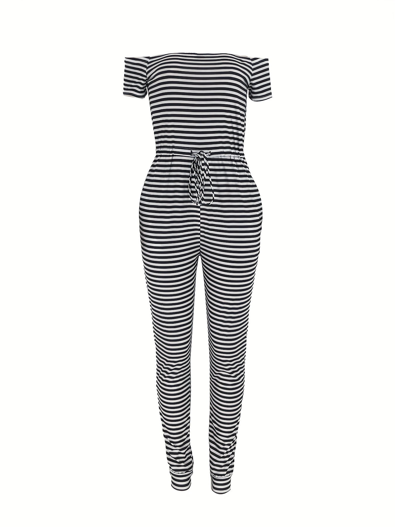 Striped Off Shoulder Drawstring Jumpsuit, Casual Short Sleeve Slim Jumpsuit For Spring & Summer, Women's Clothing