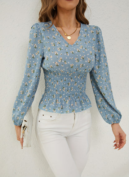 Ditsy Floral Print Shirred Blouse, Elegant Long Sleeve V Neck Blouse, Women's Clothing