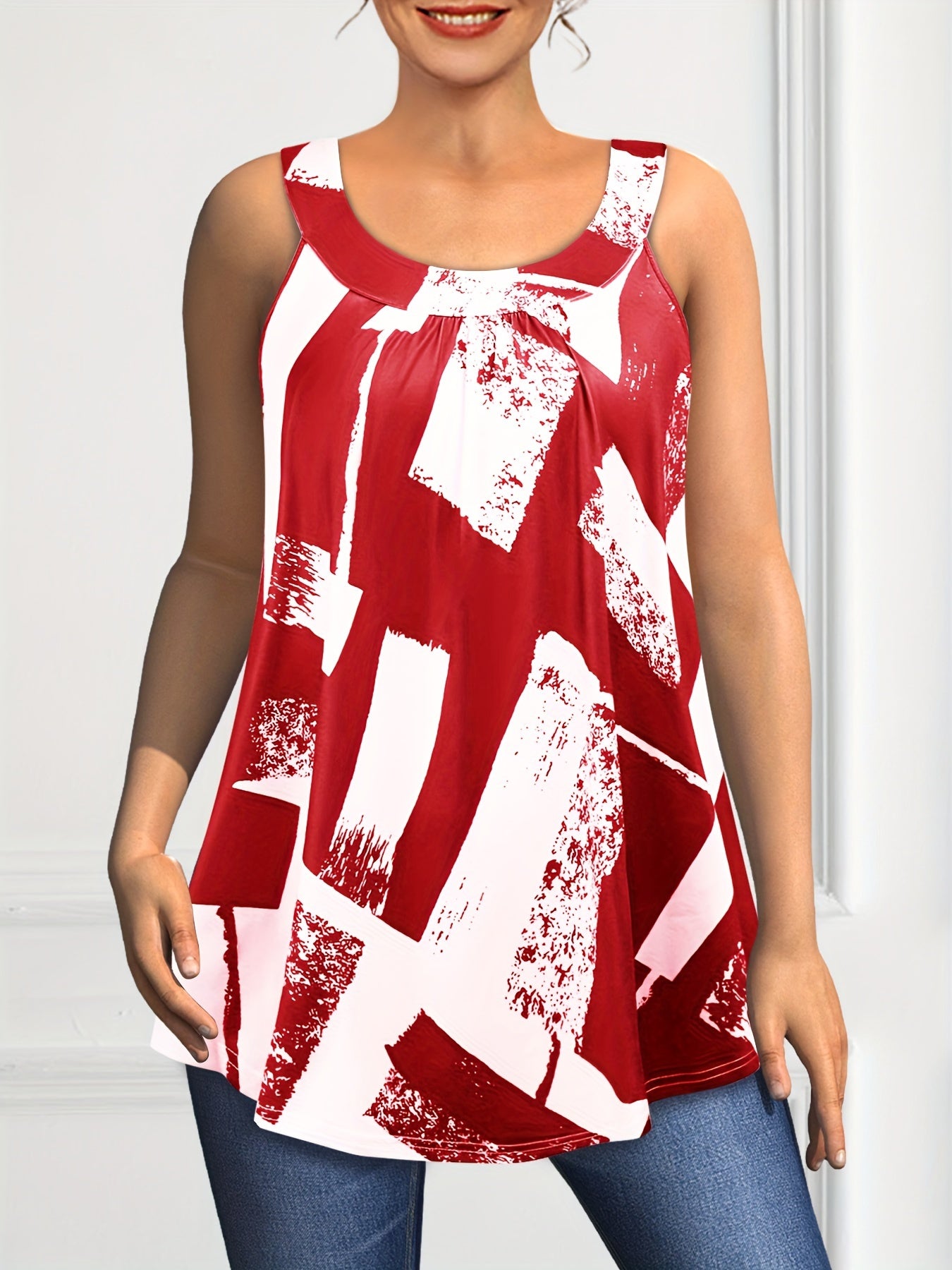 Plus Size Round Neck Colorblock Curved Hem Casual Tank Top