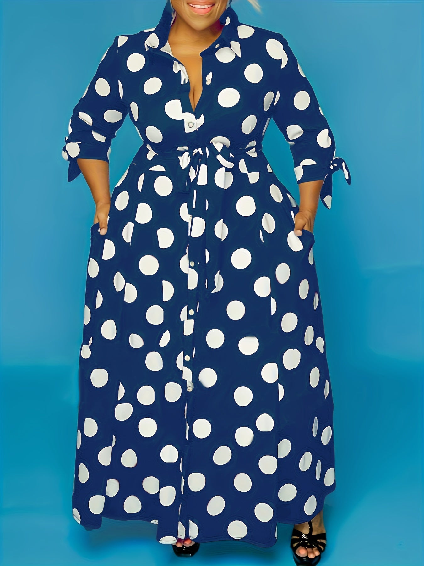 Elegant Plus Size Polka Dots Print Maxi Dress - Women's Button Up Collared Belted