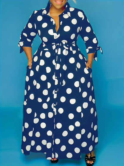 Elegant Plus Size Polka Dots Print Maxi Dress - Women's Button Up Collared Belted