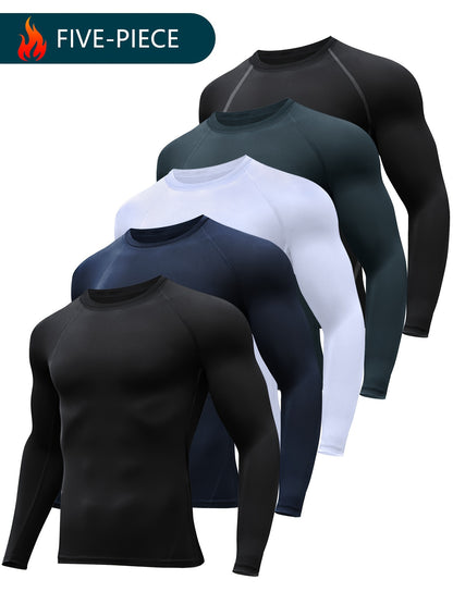 [HOPLYNN Compression Shirts] 5pcs HOPLYNN Men's Compression Shirts - Breathable Polyester Blend, Long Sleeve Athletic Base Layer Tops for Workout & Outdoor Activities, Machine Washable