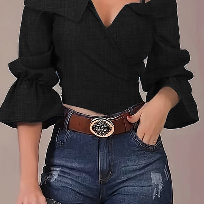 Solid Spaghetti Strap Blouse, Casual Bell Sleeve Surplice Neck Blouse, Women's Clothing