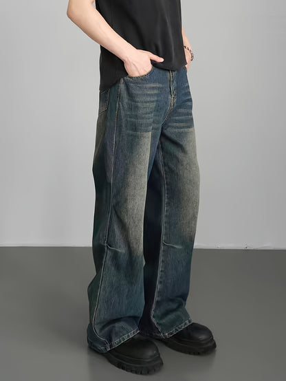 Men's Casual Wide Leg Jeans, Street Style Loose Fit Distressed Denim Pants