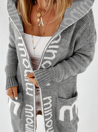 Chic Plus Size Open Front Hooded Cardigan - Long Sleeve & Letter Print, Cozy with Pockets, Ideal for Casual Outings