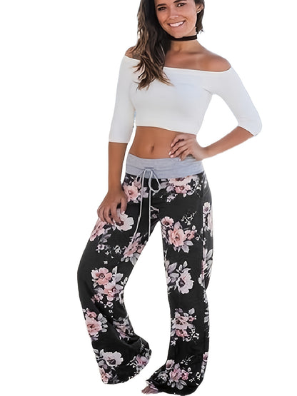 Plus Size Floral Print High Rise Drawstring Long Pants, Women's Plus Slight Stretch Loose Casual Pants