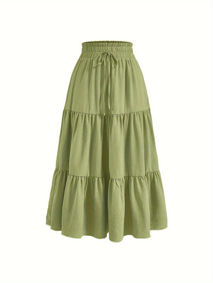 Solid Tie Waist Tiered Skirt, Casual Elastic Waist Skirt For Spring & Fall, Women's Clothing
