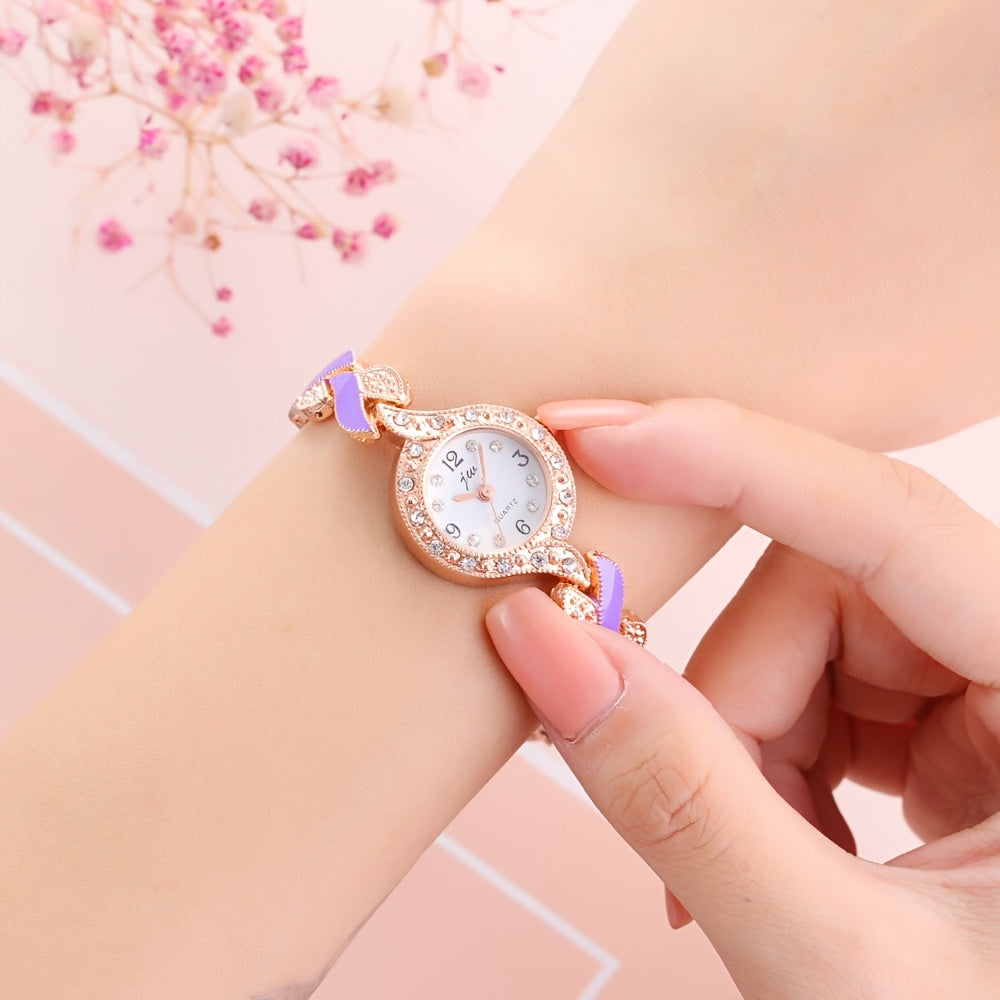 Elegant Rhinestone Quartz Women's Watch & Chic 4pc Jewelry Set - Shock-Resistant, Japanese Movement, Perfect Gift