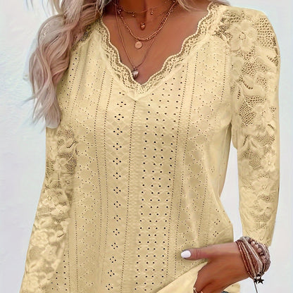 Chic Contrast Lace V-neck Eyelet T-Shirt - Fashionable Long Sleeves for Spring & Fall - A Stylish Womens Wardrobe Essential
