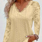Chic Contrast Lace V-neck Eyelet T-Shirt - Fashionable Long Sleeves for Spring & Fall - A Stylish Womens Wardrobe Essential