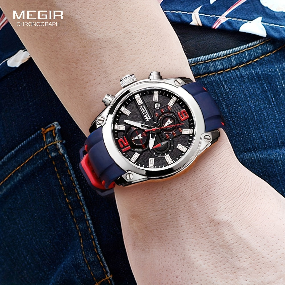 Megir Men's Chronograph Analog Quartz Watch - Date Function, Luminous Display, Soft Silicone Rubber Strap, Stylish Wristwatch Ideal for Gifts, Everyday Wear