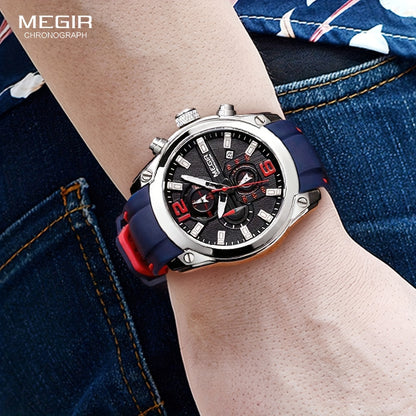 Megir Men's Chronograph Analog Quartz Watch - Date Function, Luminous Display, Soft Silicone Rubber Strap, Stylish Wristwatch Ideal for Gifts, Everyday Wear