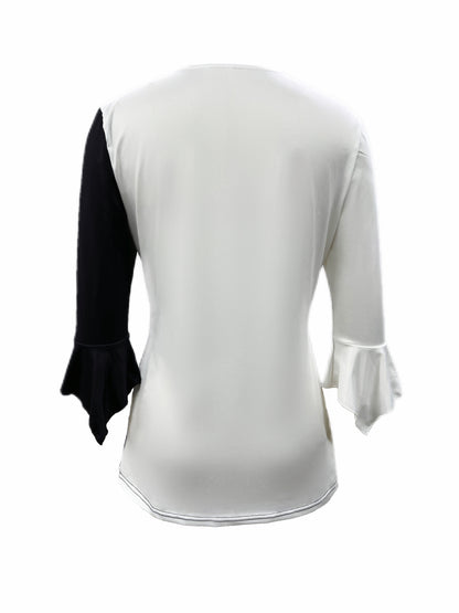 Versatile Floral-Patterned Knit Top – Comfortable Stretch, Easy-Care, Irregular Cuff Detail, Ideal for Spring to Fall