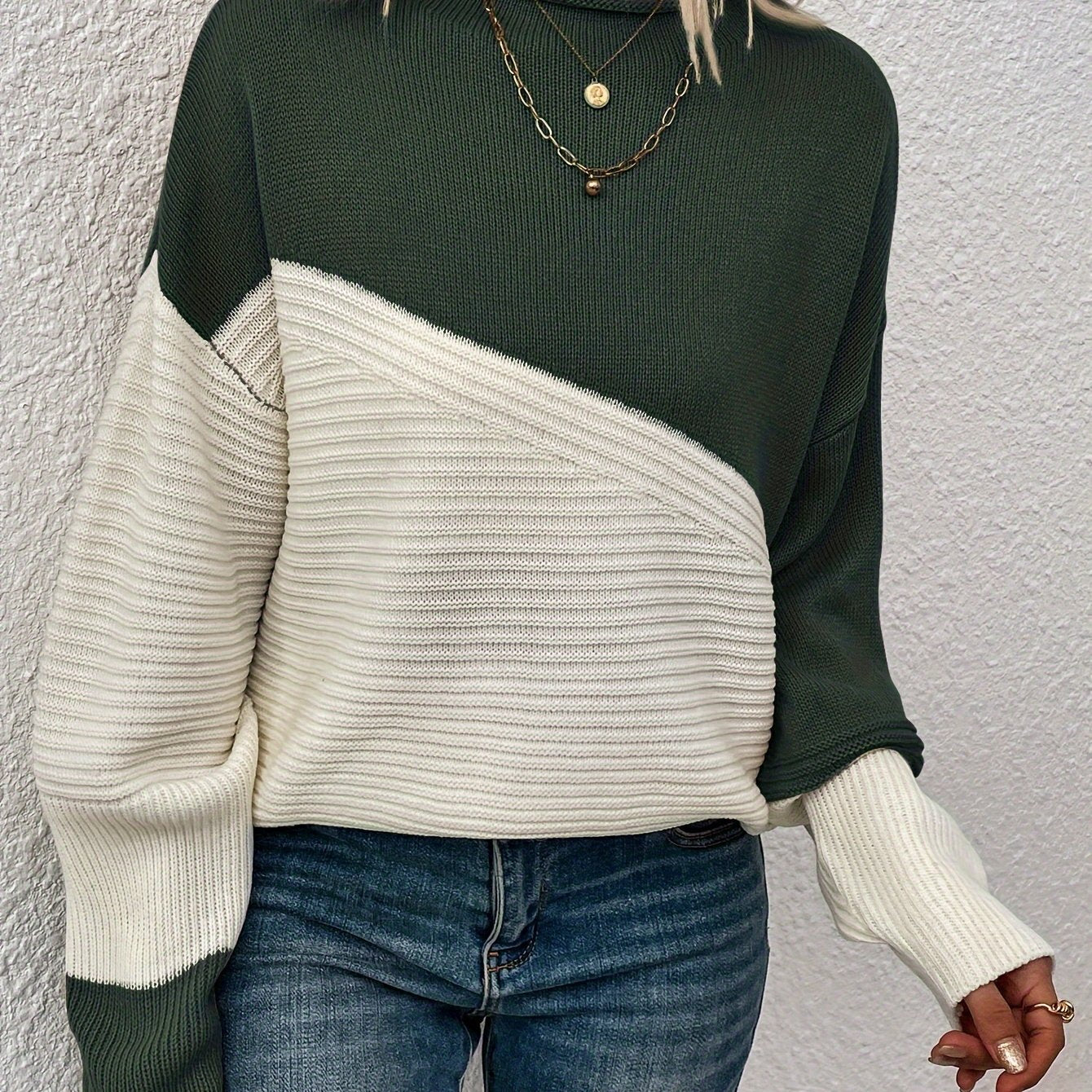 Color Block Loose Pullover Sweater, Elegant Long Sleeve Drop Shoulder Sweater, Women's Clothing