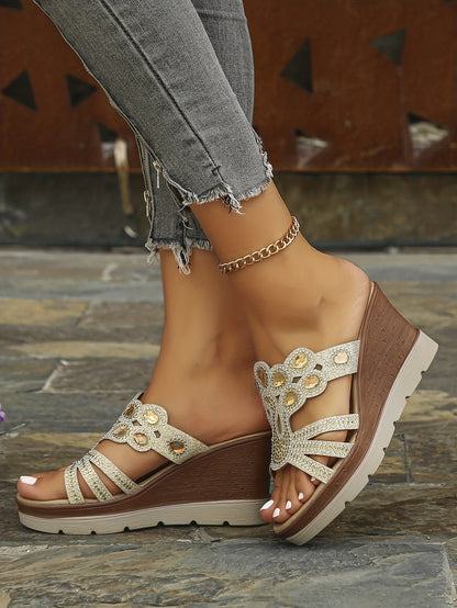 Women's Rhinestone Decor Wedge Sandals, Casual Cutout Design Platform Sandals, Comfortable Summer Shoes
