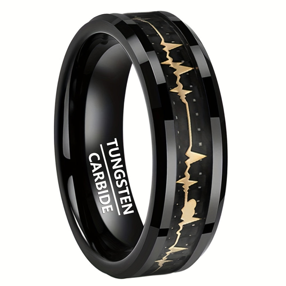 New Tungsten Steel Ring, Black Ring With Pattern Of Golden ECG, Couple Ring, High-Quality Black Tungsten Ring For Men, Fashion Engagement Wedding Band