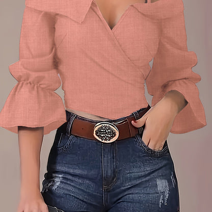 Solid Spaghetti Strap Blouse, Casual Bell Sleeve Surplice Neck Blouse, Women's Clothing